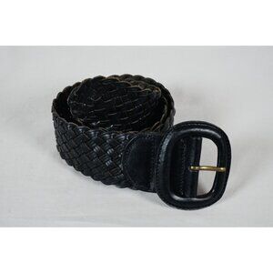 Black Wide Leather Braided Woven Belt Covered Buckle Large Vintage 90s